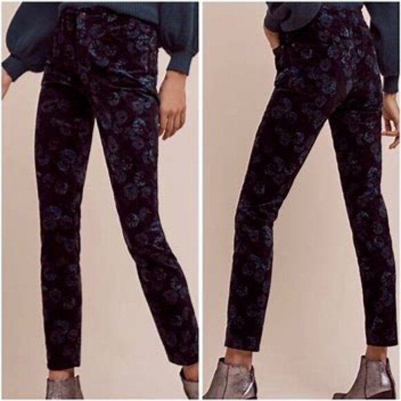 Anthropologie Women’s Velvet High Rise Jeans, Black with Blue Floral - Size 25 - Picture 1 of 7